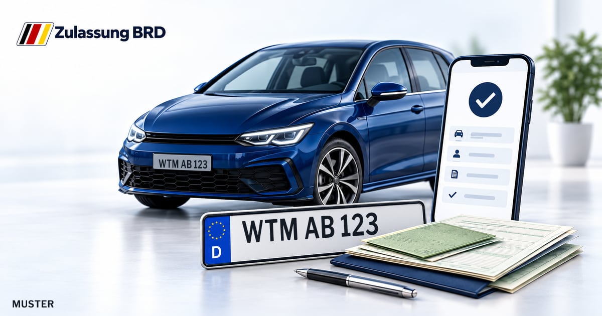 Online Fahrzeugzulassung in Friedeburg: Musterkennzeichen WTM AB 123, Auto und Fahrzeugpapiere und Smartphone. Illustration mit Logo von Zulassung BRD.